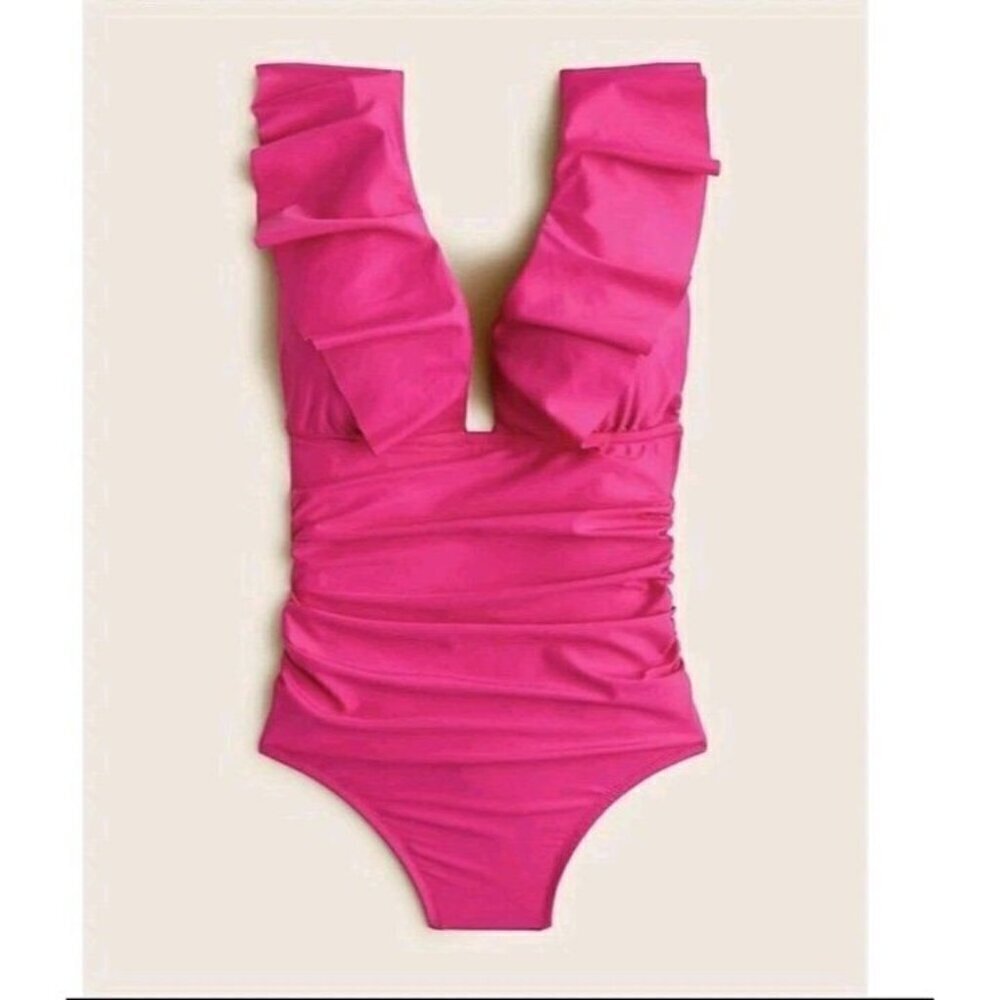 J. Crew Pink Fushia One Piece Swim Suit Ruched Ruffle V Neck Women's 10 (862)